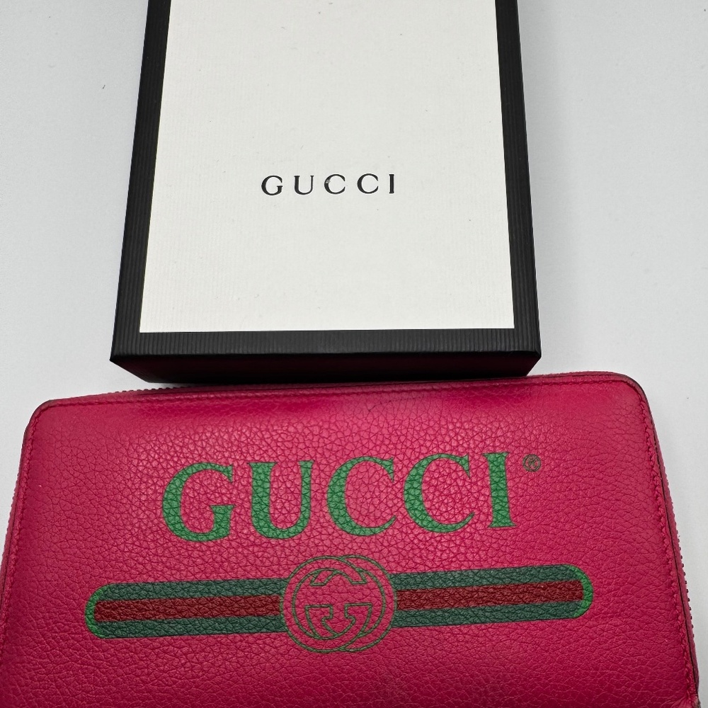 Gucci Pink Leather Long Continental Zip Around Wallet w/Logo Print 496317